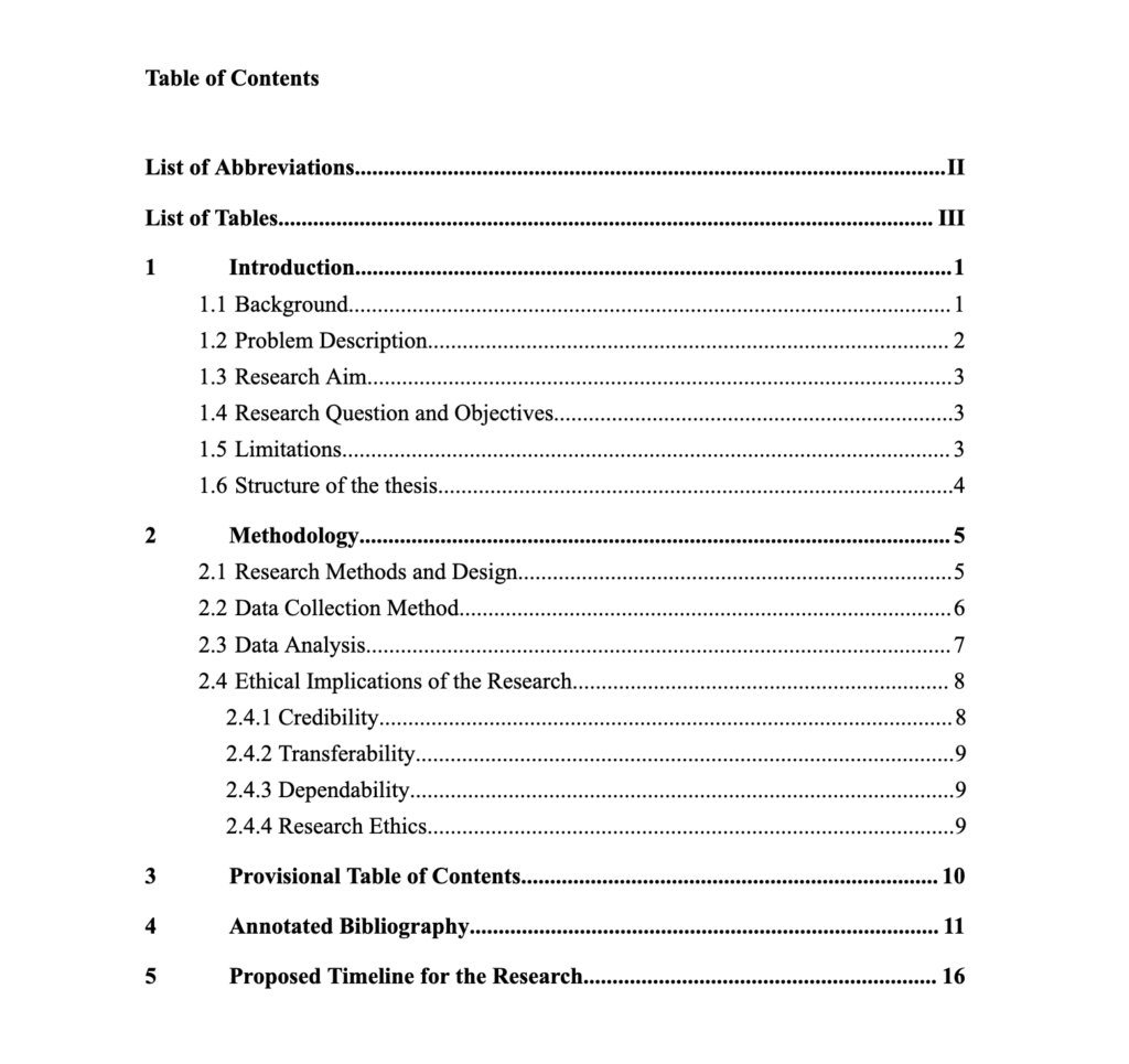 Inhaltsverzeichnis einer englischen Bachelorarbeit