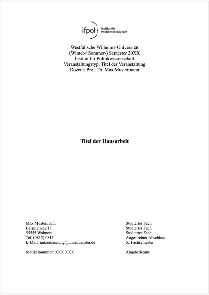 Beispiel für das Deckblatt einer Hausarbeit