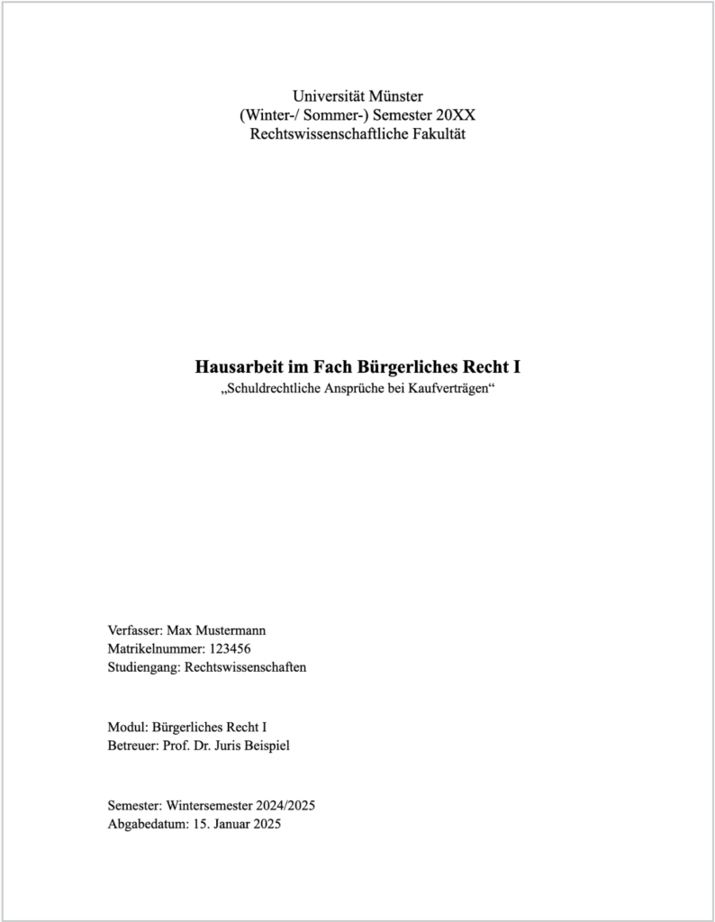 Muster für das Deckblatt einer Hausarbeit in Jura