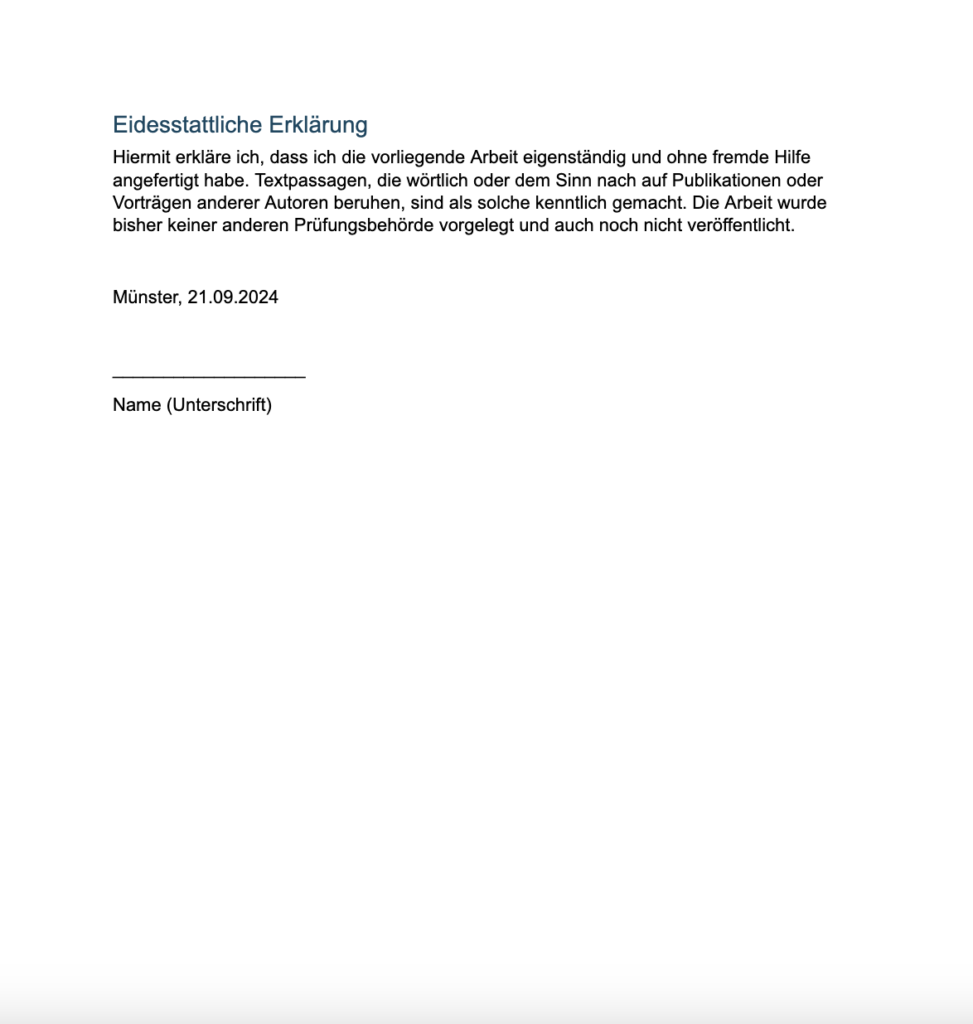 Eidesstattliche Erklärung einer Projektarbeit