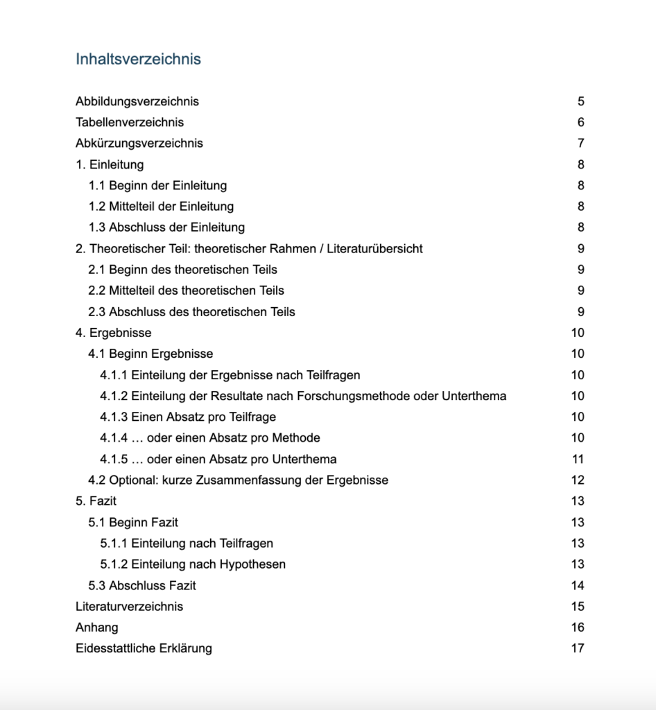 Inhaltsverzeichnis einer Projektarbeit: