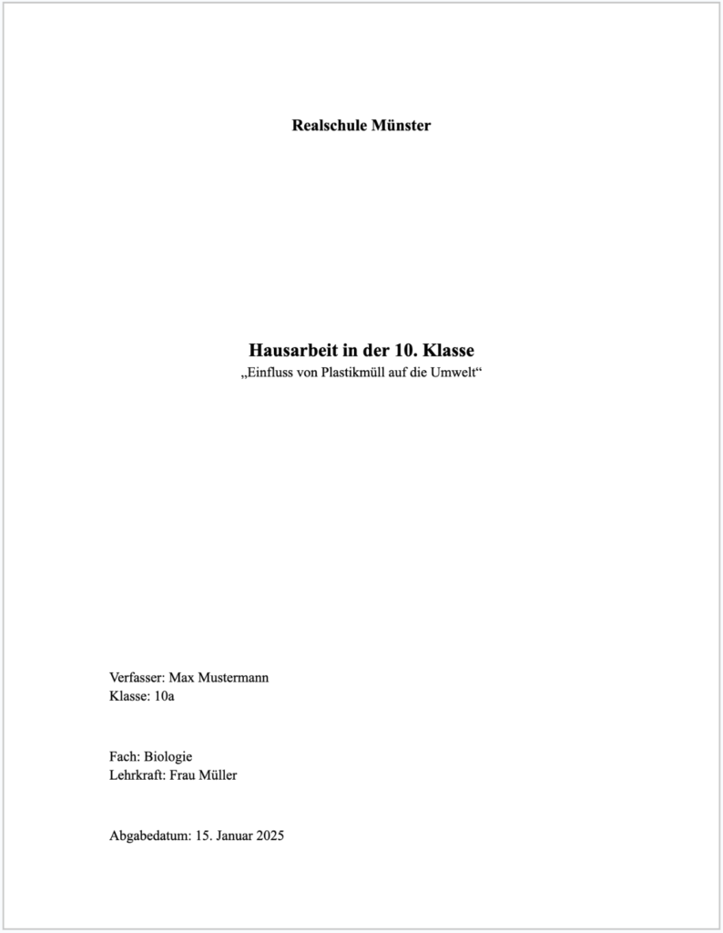 Deckblatt für die Hausarbeit in der Realschule
