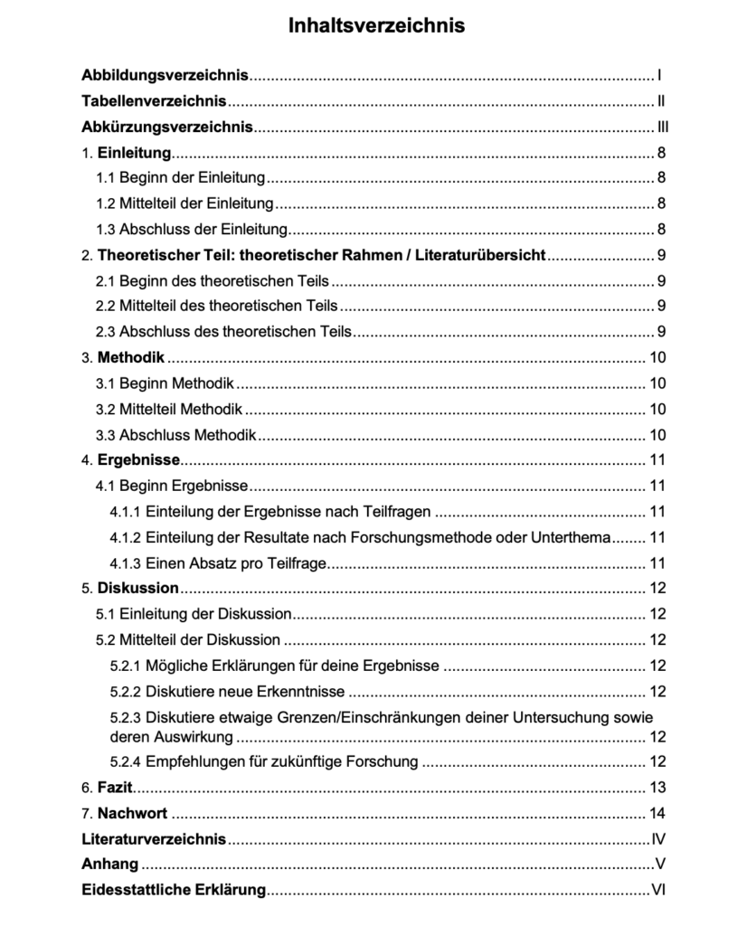 Muster für dein Inhaltsverzeichnis einer Hausarbeit mit Unterkapiteln